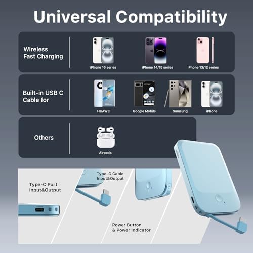 NOBIS 5000 m Ah Slim Magnetic Power Bank with Built-In USB-C Cable – Wireless Portable Charger for Quick Charge 3.0 and Mag Safe Compatibility – 22.5 W Fast Charging Solution for Android and i Phone Users on the Go