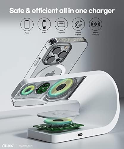 Versatile Miak 3 in 1 Wireless Charging Station for i Phone, Air Pods & Apple Watch – Fast Mag Safe-Compatible Dock for Nightstand & Workspace – Streamlined Design with Overcharge Protection & Efficient Device Power-Up
