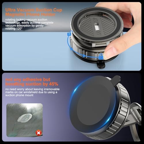 Kairiyard Phone Holders for Your Car, Ultra Vacuum Suction Cup Magnetic Car Phone Holder Mount 360° Adjustable Foldable Cars Phone Stand Compatible with MagSafe iPhone All Smartphones – Enhanced Compatibility and Speed