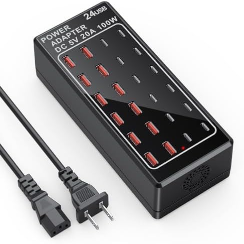 24-Port USB Charging Hub with 100 W Fast Charge Capability – Multi-Device Desktop Station with 12 USB-A & 12 USB-C Ports for Rapid Power Delivery to i Phone, i Pad, Samsung Galaxy, Laptops, and More – Space-Saving Design Ideal for Home or Office Use