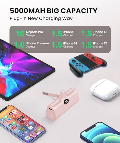 Ultra-Compact Pink 4800 m Ah Power Bank – Sleek Mini Battery Charger with 15 W Fast Charging for i Phone 14/13/12/11/8 & i Pad Air/Mini/Pro – Stylish Portable Charger for Travel & Everyday Use – Enhanced Compatibility for Air Pods Pro I/II