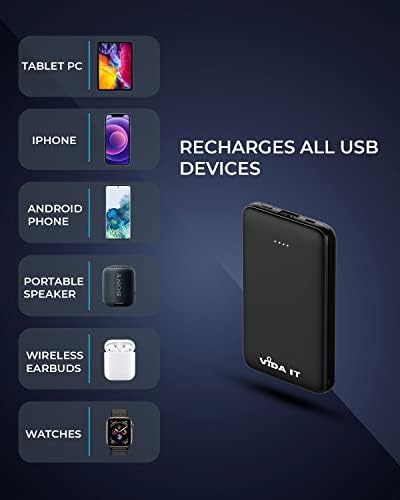Vida IT 5000 m Ah Compact Portable Power Bank with Built-in USB-C Cable – Fast Charging External Battery for Samsung Galaxy S22, S21, S10, S7 Edge, Motorola, LG, and Google Pixel Smartphones – Ultimate Travel Charger for On-the-Go Connectivity