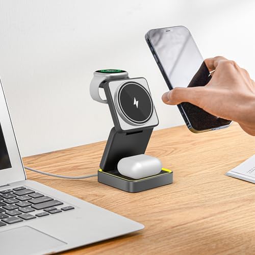 Efficient 3-in-1 Wireless Charging Dock for i Phone 16/15/14, Apple Watch, and Air Pods – Rapid Charge Station with 1.5 M USB Cable in Sleek Black – Streamline Your Charging Experience and Maximize Productivity