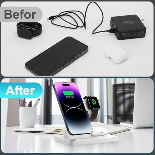 Ultimate 3-in-1 Magnetic Charging Station: Fast Charging Dock for i Phone 12-16, Apple Watch & Air Pods Pro – Foldable Design for On-the-Go Convenience and Enhanced Compatibility (White)