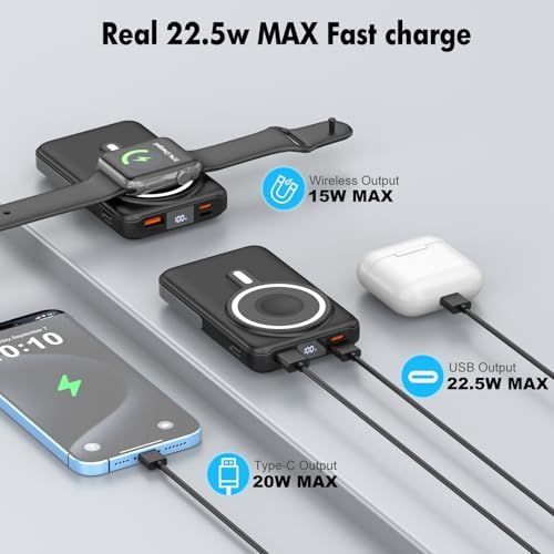 Effortlessly Stay Charged with the 10,000 m Ah 3-in-1 Magnetic Wireless Power Bank – Fast 22.5 W Charging for i Phone 15/14/13/12, Apple Watch, and Air Pods with LED Battery Indicator – Lightweight, Portable Design for Ultimate Convenience and Enhanced Compatibility