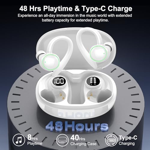 Ultimate Wireless Earbuds with Bluetooth 5.3 – Sport-Ready Headphones Featuring Advanced ENC Noise Cancellation, 48-Hour Battery Life, Secure Fit Earhooks, Deep Bass Sound, and IP7 Waterproofing for Peak Performance – Sleek Black Design for Active Users