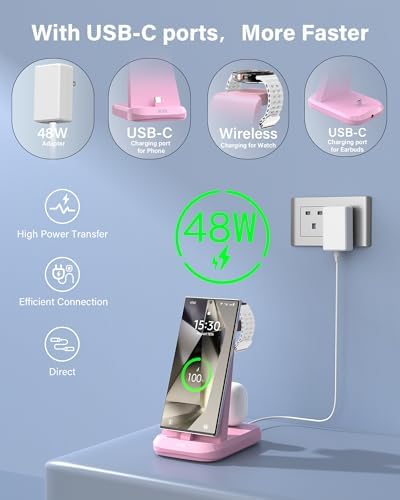 48 W Ultra-Fast 3-in-1 Charging Station for Samsung Devices – Efficiently Charge Galaxy S24/S23/S22/S21, Note20, Z Flip 5, Galaxy Watch Ultra/7/6/5/4/3, Buds2/Pro with High-Speed USB C Dock – Optimal Design for Home and Travel