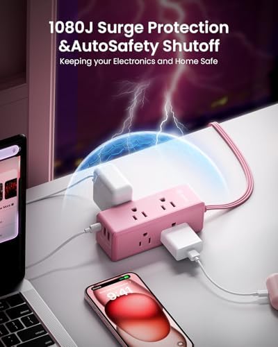 Chic Pink Surge Protector Power Strip by HONIZER – 1080 J Protection with 6 ft Extension Cord, 6 Outlets & 3 USB Ports (1 USB-C) – Stylish Desk Accessory for Home Office & Dorm – Wall-Mountable Design for Clutter-Free Charging – Fast & Reliable Power Solution