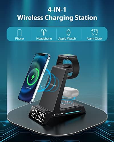 Revolutionize Your Charging Routine with the 4-in-1 Wireless Charging Station Featuring Alarm Clock – Ideal Dock for i Phone 16, 15, 14, 13, 12, 11, X, 8, Air Pods 3/Pro & Apple Watch Series 9-2 – Ultimate Speed & Compatibility for Modern Devices
