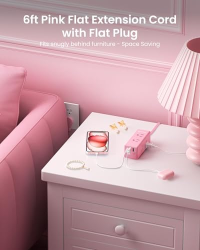 Chic Pink Surge Protector Power Strip by HONIZER – 1080 J Protection with 6 ft Extension Cord, 6 Outlets & 3 USB Ports (1 USB-C) – Stylish Desk Accessory for Home Office & Dorm – Wall-Mountable Design for Clutter-Free Charging – Fast & Reliable Power Solution