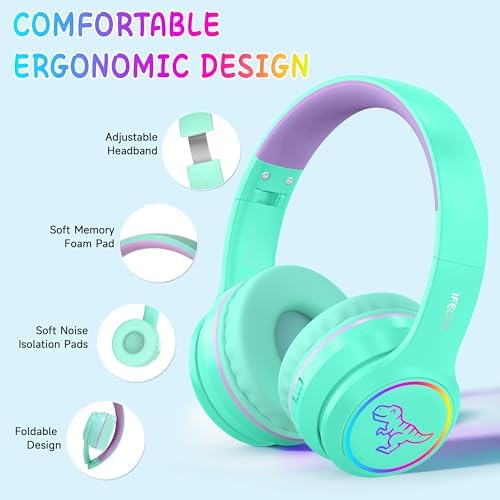 IFECCO Wireless Kids Bluetooth Cat Ear Headphones – Fun Light-Up Design with Volume Limiting Feature, Built-in Microphone, and Foldable Portability for Travel and Learning – Ultimate Gift for Young Music Enthusiasts