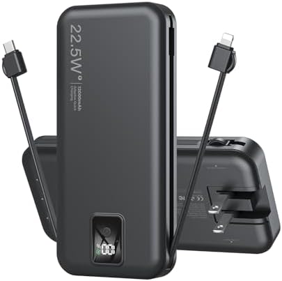 High-Efficiency 12000 m Ah Portable Power Bank with Built-In Cables and AC Plug – USB-C 22.5 W Fast Charger for i Phones, i Pads, Samsung Devices – Lightweight, Compact External Battery for Ultimate Mobility and Enhanced Device Compatibility