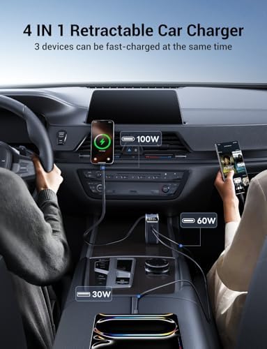 W&X SCHUGS 217 W USB-C Retractable Car Charger – Ultra-Fast Charging for Laptops, i Phone 16/15/14/13/12/11/X Pro Max, i Pad, Samsung & Pixel with HD Voltage Monitor for Safe, Convenient Power On-the-Go