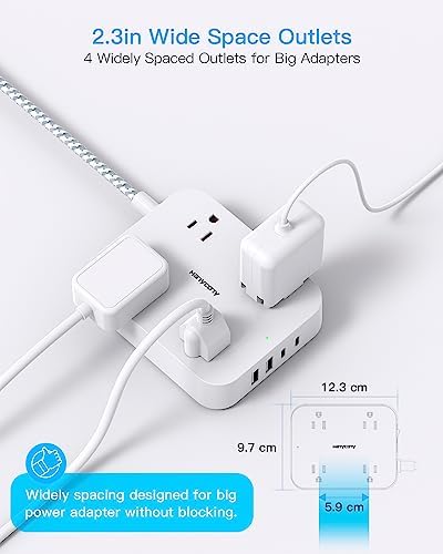 HANYCONY 10 Ft Ultra Thin Flat Extension Cord with 4 AC Outlets & 4 USB Ports (2 USB-C) – Wall-Mountable Power Strip & Desk Charging Station for Seamless Office, Dorm, and Travel Connectivity – Superior Surge Protection & Space-Saving Design