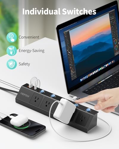 Ultra-Thin 10 Ft Flat Plug Power Strip with Individual Switches – 5-Outlet Surge Protector featuring 2 USB-C (20 W PD) & 2 USB-A Ports, 1700 Joules Surge Protection, Wall-Mount Design for Home and Office – Optimize Your Power Management with Enhanced Speed and Safety