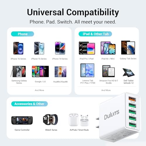 50 W Multiport USB Wall Charger Block – Dual Pack 5-Port Fast Charging Adapter with QC 3.0 Technology for i Phone 16/15/14 Pro Max, i Pad, Galaxy, Android – Compact & Safe Power Solution for Multi-Device Convenience