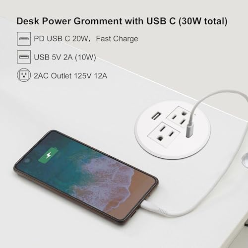 Revolutionize Your Workspace with the Desk Power Grommet USB C – 30 W PD Fast Charge Power Strip with 2 Outlets & 2 USB Ports, Effortlessly Mountable Recessed Flat Plug for Countertops, Shelves, and End Tables – Sleek Black Design for Enhanced Connectivity and Simplified Charging Solutions