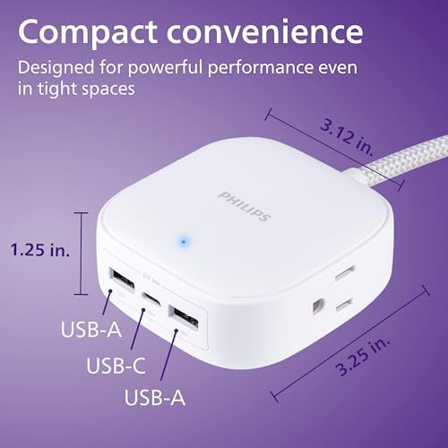 Philips 24 W USB Power Strip with 6 ft Braided Cable – Ultimate Charging Station for i Phone, i Pad, Samsung Galaxy & Google Pixel – 4 Port USB-A Design for Fast & Efficient Device Charging – Sleek & Durable Solution for Home, Office & Travel