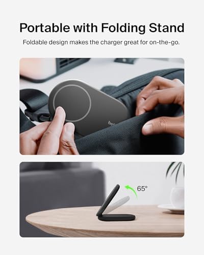 Belkin Foldable Magnetic Wireless Charging Stand – 15 W Fast Charger for i Phone 16 & Galaxy S25 – Qi2-Certified, Portable Design with PSU – Sleek Black Finish for Enhanced Device Compatibility and Effortless Charging Experience