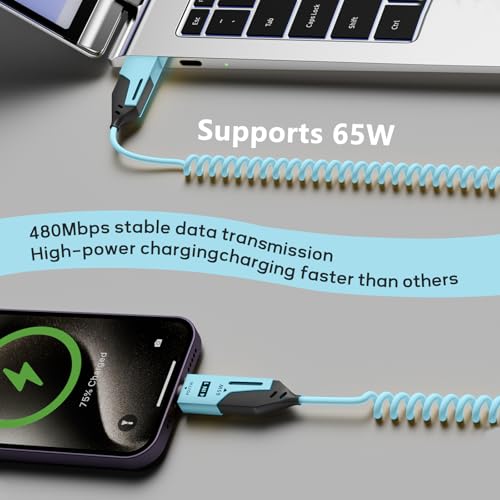 Versatile 4-in-1 Coiled USB C Cable – 4 ft – 65 W Fast Charging Solution for Phones, Laptops, and More – Durable Liquid Silicone Design in Pink – Tangle-Free Convenience, 2-Pack for Enhanced Compatibility and Speed