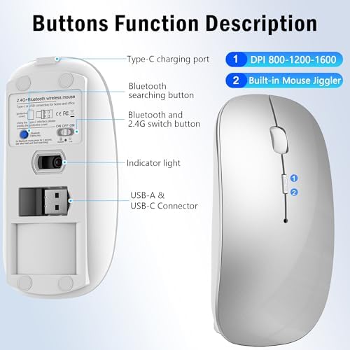 Versatile Wireless Bluetooth Mouse for Mac Book Air, Mac Pro, & i Pad – Sleek Rechargeable Silent Mouse with Dual Connectivity (USB-C & 2.4 G) – Travel-Friendly Jiggler Mice Mover in Stylish Purple – Perfect for Professionals & On-the-Go Users