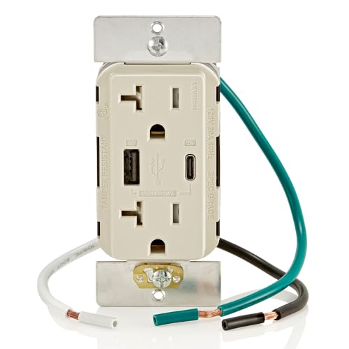 Leviton 60 W In-Wall USB Charger with Dual Type A/Type-C Ports and 20 A Tamper-Resistant Outlet – Fast Charging for Smartphones, Tablets, and Laptops – Modern Light Almond Finish, Ideal for Home and Office Efficiency – Safe, Stylish Power Solution for Tech Enthusiasts