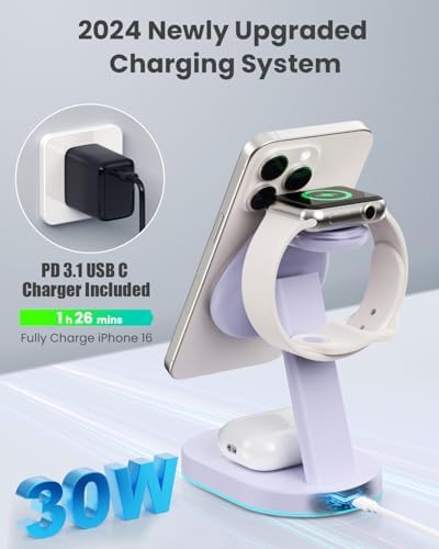 Ultimate 3-in-1 Wireless Charging Station for i Phone, Apple Watch, and Air Pods – Qi2 Certified 15 W Magnetic Charger with 30 W USB-C Adapter & Integrated Night Light – Streamlined Design for i Phone 16/15/14/13/12 – Superior Speed and Enhanced Compatibility for Modern Tech Users