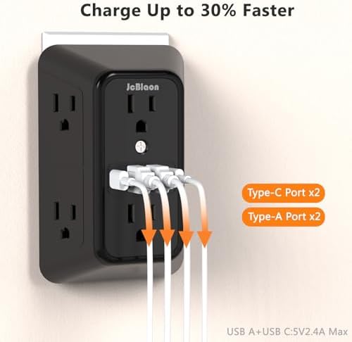 Advanced USB Wall Charger Power Strip Surge Protector with 4 USB Ports (2 USB-C) – Multi Outlet Adapter for Home, Office, and Travel, White (Black) – Unmatched Speed and Safety for Modern Devices