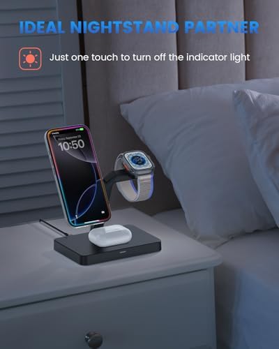 Joy Geek 3-in-1 Foldable Wireless Charging Station for Mag-Safe i Phone – Ultimate Travel Dock for i Phone 12-16 Pro Max, Apple Watch Series 4-10, and Air Pods Pro 2/3/4 – Fast, Compact, and Convenient Power Solution for On-the-Go Charging