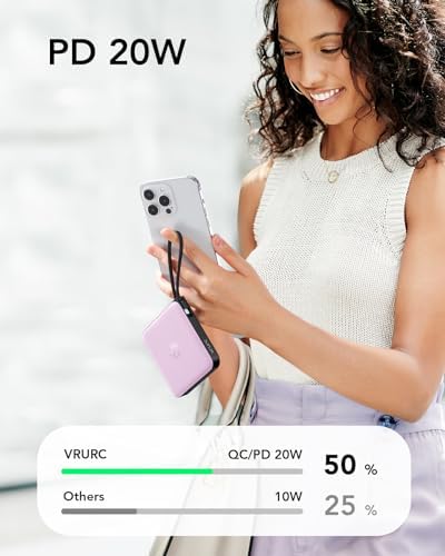 VRURC 10,000 m Ah USB C Portable Charger – Fast Charging Power Bank with Built-in Cable for i Phone 16/15/14, Galaxy S23/S22, Google Pixel & More – Lightweight Green Design for Ultimate Mobility and Reliability