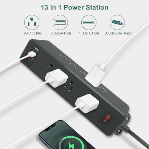 Maximize Your Charging Potential with Hdc Tek’s 9-Outlet Wall-Mount Power Strip – Featuring 3 Fast-Charging USB-A Ports & 1 PD USB-C Port, Sleek Flat Plug Design for Efficient Space Management, Ideal for Office, Home, and Dorm Use – Reliable Surge Protection & Stylish Black Finish for Modern Aesthetics