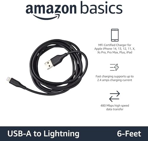 Amazon Basics MFi Certified 2-Pack Lightning Charger Cables – 6 Foot USB-A to Lightning, Optimized for i Phone 14, 13, 12, 11, X, Xs Pro, Pro Max, Plus & i Pad – Durable ABS Design for Fast Charging & Data Syncing, Sleek Black Finish, Essential Backup Solution