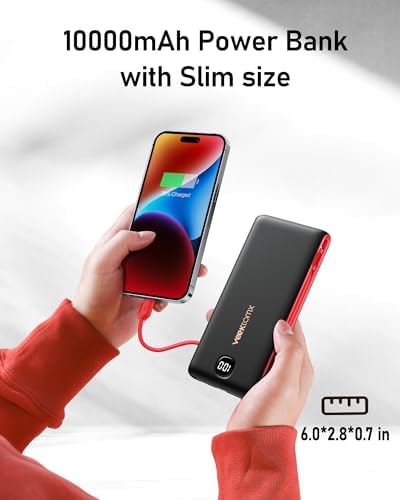 VEEKTOMX 20,000 m Ah Portable Charger with Built-in Cables and AC Wall Plug – Fast Charging Power Bank for i Phone 15/14/13 & Samsung Devices, Slim Battery Pack with LED Display for Ultimate Compatibility and On-the-Go Convenience
