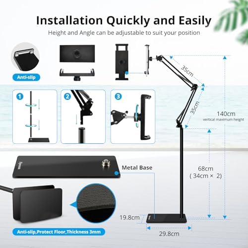 Universal Adjustable Tablet Floor Stand – Versatile 360-Degree Rotating Metal Holder for i Pads, i Phones, and Kindles (4.5-12.9″) – Optimize Your Workspace with a Sturdy, Lightweight Design for Effortless Hands-Free Viewing in Any Setting