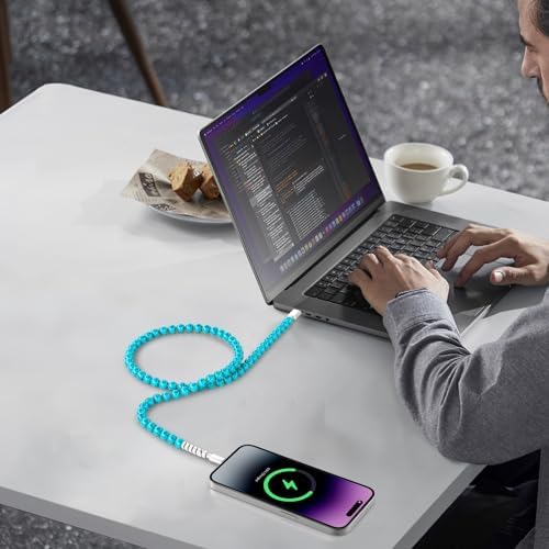 Elevate Your Charging Game with Hian Dier MFi Certified USB C to i Phone Charger – 3.3 FT Fast Charging Cable in Elegant Blue Morandi Pearl Beaded Design for i Phone 14, 13, 12, 11 Pro Max, X, XS, XR – Durable and Tangle-Free Accessory for Style and Performance