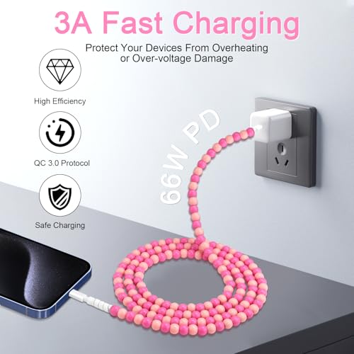 Coolden USB C Cable 66W USB C to USB C Cable [2M/6.6FT] Type C Charger Fast Charging Stylish & Durable Beaded USB C Charger Cord Compatible with iPhone 16/16 Plus/16 Pro/16 Pro Max Pink – Enhanced Compatibility and Speed