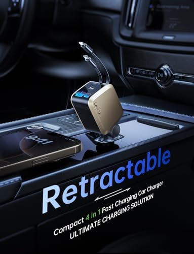 Revolutionary 72 W Retractable USB-C Car Charger – Dual Port Fast Charging Solution for i Phone 16/15/14/13/12 & Samsung Devices, 4 FT Tangle-Free Cables, Sleek Warm Grey Design for Ultimate Convenience and Organization