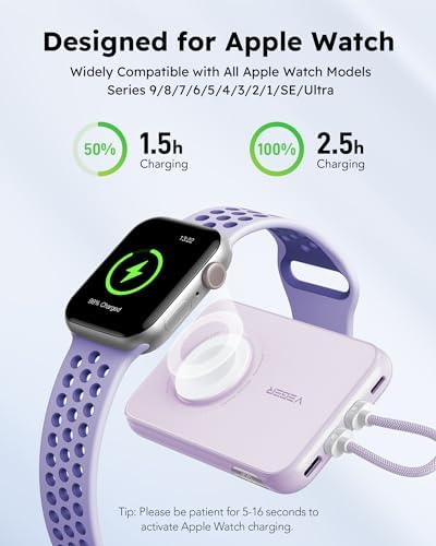 VEGER 10,000 m Ah Portable Charger with Removable Cable – PD 20 W Fast Charging Power Bank for i Phone 15/14/13 Pro Max, Samsung, and Apple Watch – Ultra-Lightweight Travel Accessory in Stylish Purple – Unmatched Compatibility and Speed for On-the-Go Charging