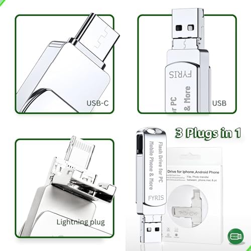 FYRIS 3-in-1 i Phone Flash Drive – 256 GB MFi Certified External Storage for Photos and Videos | USB, Type-C, Lightning Compatibility | Sleek Skull Design for i Pads, Galaxy Phones, Macs, and PCs | High-Speed Data Transfer for Effortless File Management