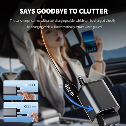 Kwak’s Retractable USB C Car Charger – Ultra-Fast Charging Adapter with Dual Apple Cables for i Phone 14, 13, 12, 11 | Tidy Retractable Design for Effortless On-the-Go Power Solutions | Compact & Portable Vehicle Charging Accessory