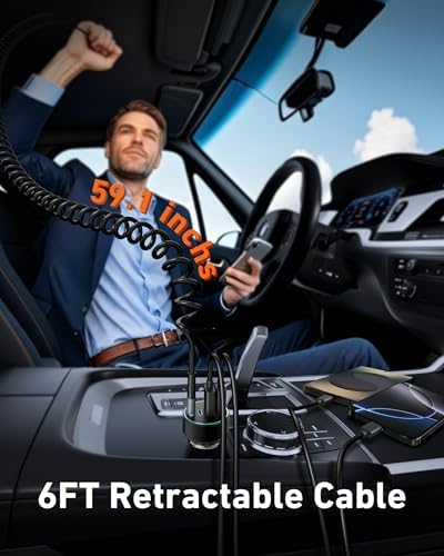 90 W 4-Port USB C Car Charger with 6 FT Coiled Cable – Super Fast Charging for i Phone 16/16 e/15 Pro Max/Plus, Samsung Galaxy S25/S24, Pixel & Android Devices – Ultimate Travel Companion for Multiple Devices with Enhanced Compatibility and High-Performance Output