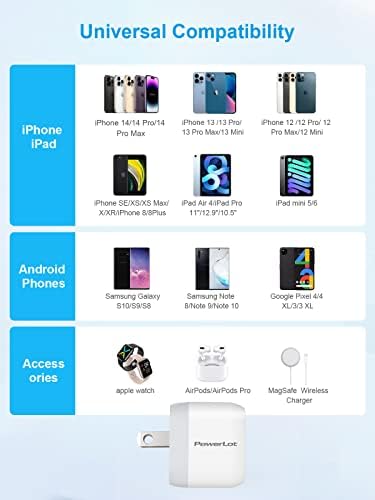 Power Lot Ga N 20 W MFi Certified USB-C Wall Charger with 4 ft Lightning Cable – Fast Charging Adapter for i Phone 15/14/13/12, i Pad Pro, Air Pods, and i Watch SE/7/8 – Foldable Design for Ultimate Portability and PD 3.0 Technology for Enhanced Speed