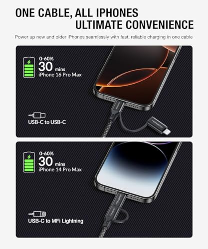 HomeSpot 2-in-1 USB-C to USB-C Cable with Lightning Connector (6.6ft), MFi Certified, 60W PD Fast Charging for iPhone 16/15/14 Series, iPad, MacBook, Galaxy S25 S24 – Enhanced Compatibility and Speed