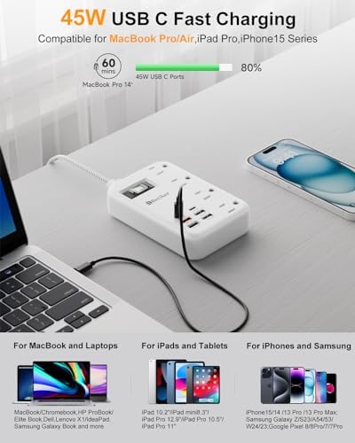 International Travel Power Adapter with 6 USB Ports and 4 AC Outlets – Versatile Plug Converter for European Destinations Including UK, France, Italy, and Germany – Compact 3 ft Extension Cord with Surge Protection for Enhanced Device Safety and Charging Efficiency