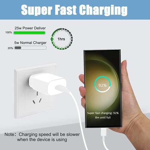 Elevate Your Charging Experience: 25 W USB C Fast Charge Block with 10 Ft Type C Cable for Samsung Galaxy S21-S24 & Note 20 – Optimal Power Delivery for Home and Travel – Exceptional Speed, Enhanced Safety Features, and Ultimate Compatibility for Android Devices