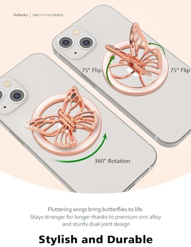 Transform Your Mobile Experience with the Chic Magnetic Phone Grip for Mag Safe – Stylish Butterfly Design in Rose Gold and White, Featuring Versatile Kickstand and Universal Adapter Ring for Enhanced Functionality and Secure Hold