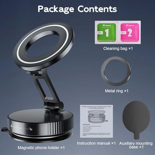 Magnetic Suction Cup Phone Mount for Magsafe, Foldable and 360° Retractable Hands-Free Vacuum Car Phone Holder for Car/Gym/Mirror/Smooth Surface, Compatible with iPhone Android, White – Enhanced Compatibility and Speed