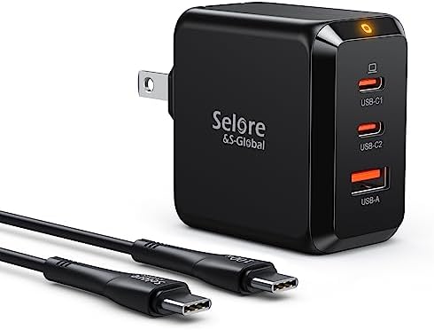 SELORE 67 W Ga N USB C Charger Block – Foldable 3-Port Fast Charging Adapter with USB-C Cable for Mac Book Pro, i Pad Pro, Galaxy S23/S22, i Phone 15/14 – Ultimate Efficiency for On-the-Go Power Needs