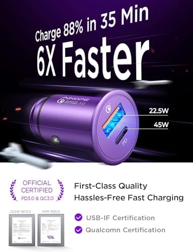 Compact AINOPE 67.5 W USB-C Car Charger – Fast Charging Dual Port QC3.0 Adapter for i Phone 16 & Samsung Galaxy – Mini Cigarette Lighter Accessory in Stylish Purple for Efficient On-the-Go Power Solutions