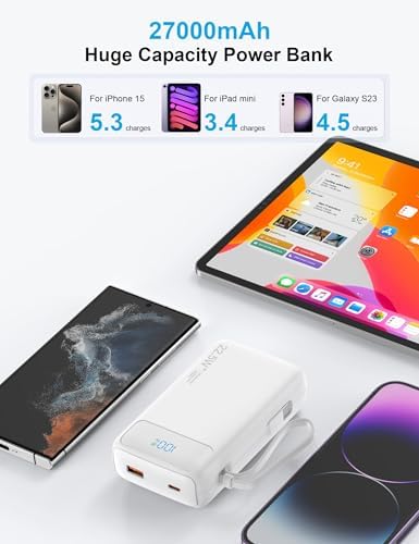 High-Capacity 27000 m Ah Portable Power Bank with Built-In Cable for i Phone 15/16 Series – Fast-Charging USB-C Battery Pack, LED Display for On-the-Go Charging, Reliable Travel Companion for All Smartphones